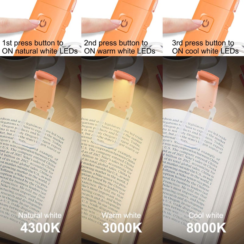 HONWELL Rechargeable Book Light, Clip On LED Reading Lights for Kids Reading in Bed, 3 Brightness Levels Dimmable Bookmark Light for Eye-Protection, Portable Reading Lamp for Bookworms, Travel(Orange) - Image 3